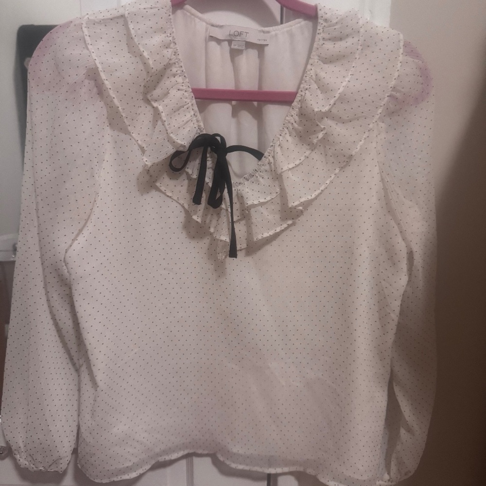 LOFT white polka dot blouse with tie